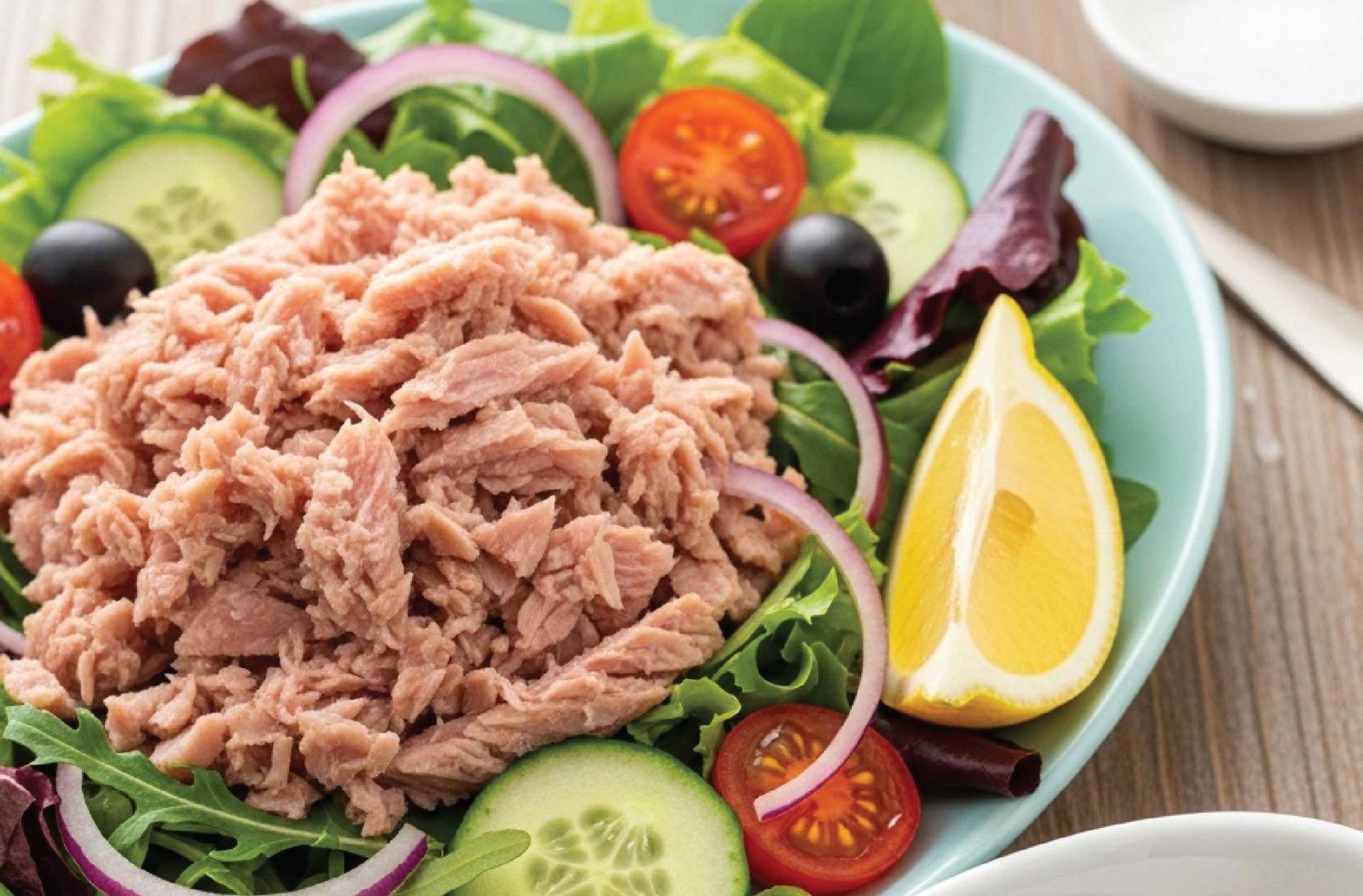 A fresh salad with tuna and a dish of sardines